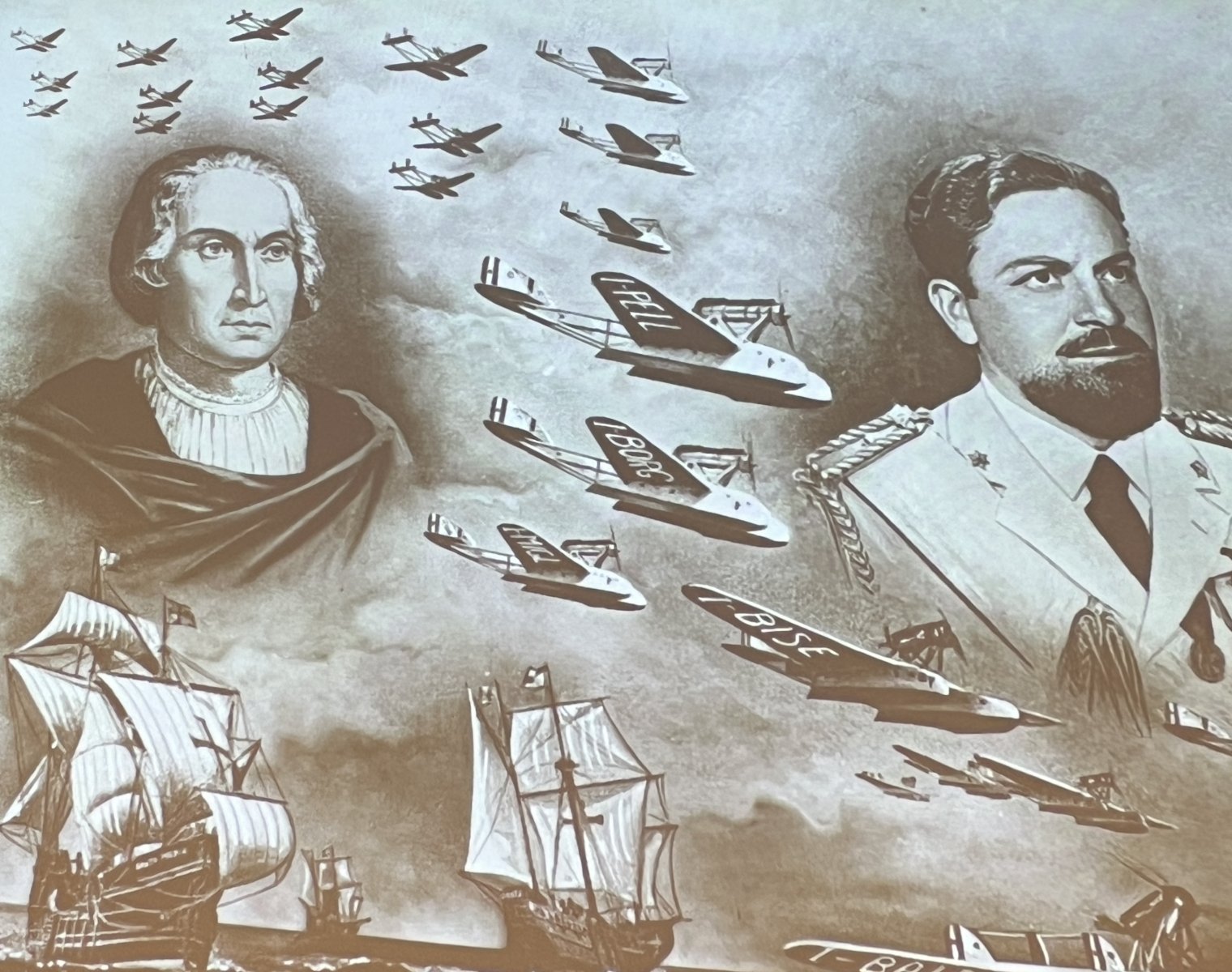 Monochrome historical mural showing George Washington, a military officer, sailing ships, and formations of aircraft in flight