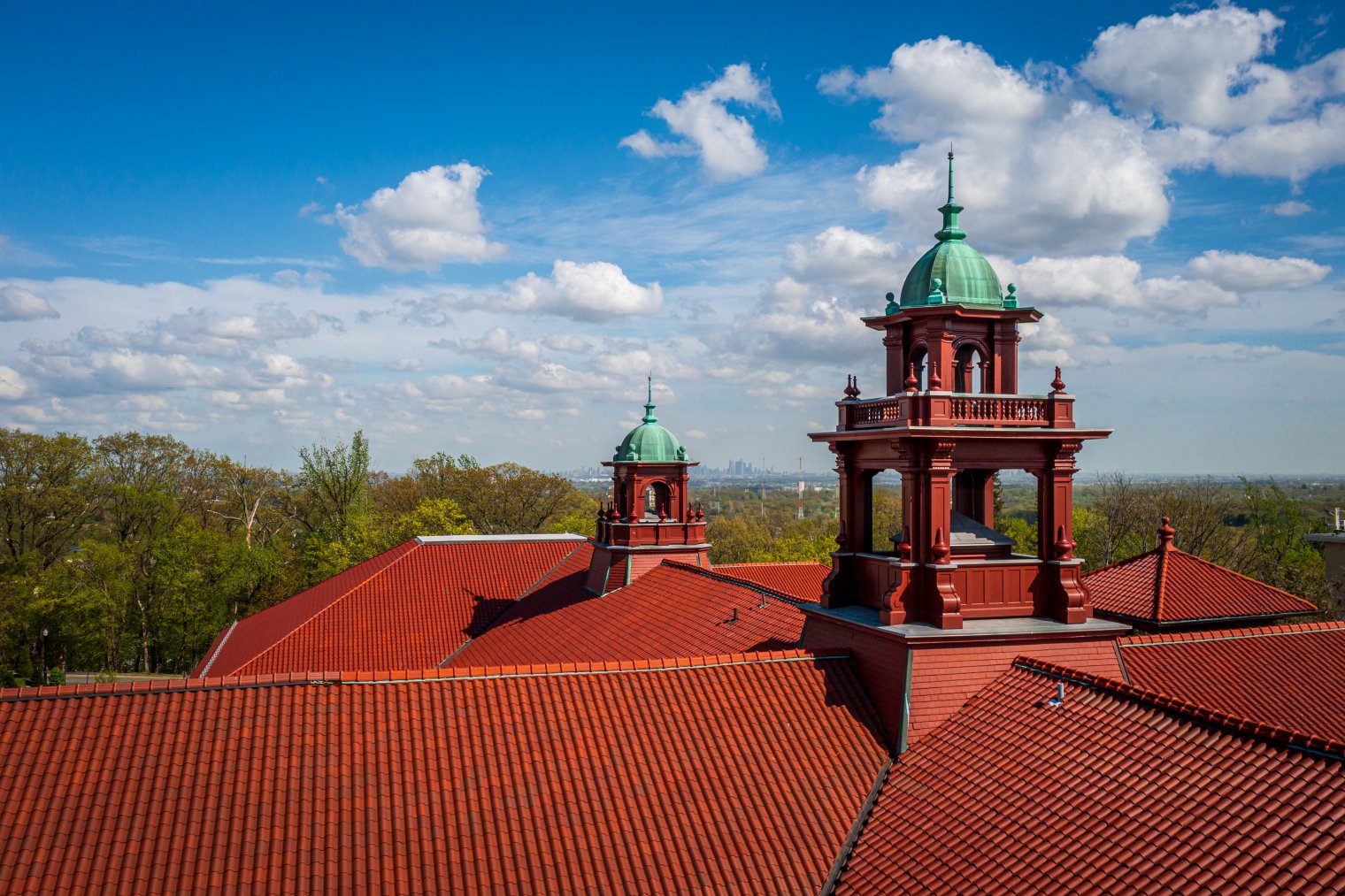 aerial view of Cole Hall red roof and tower