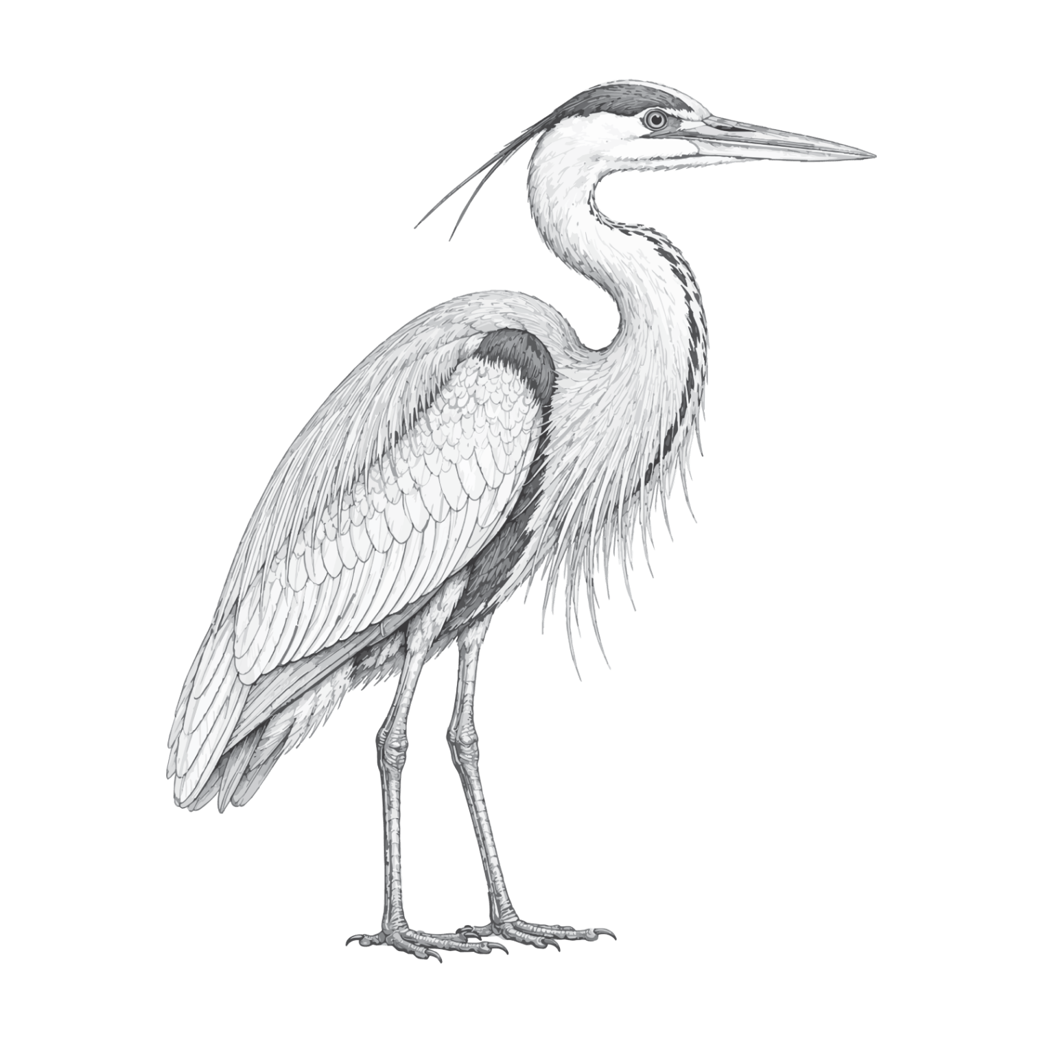 illustrated black and white heron