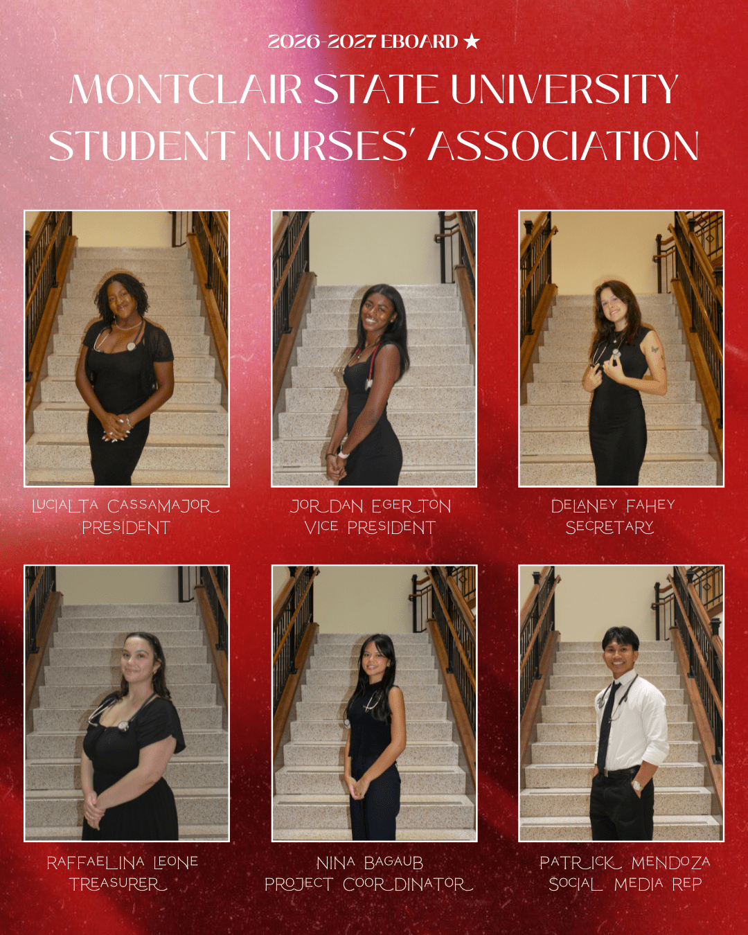 Photos of six School of Nursing students on a red background.
