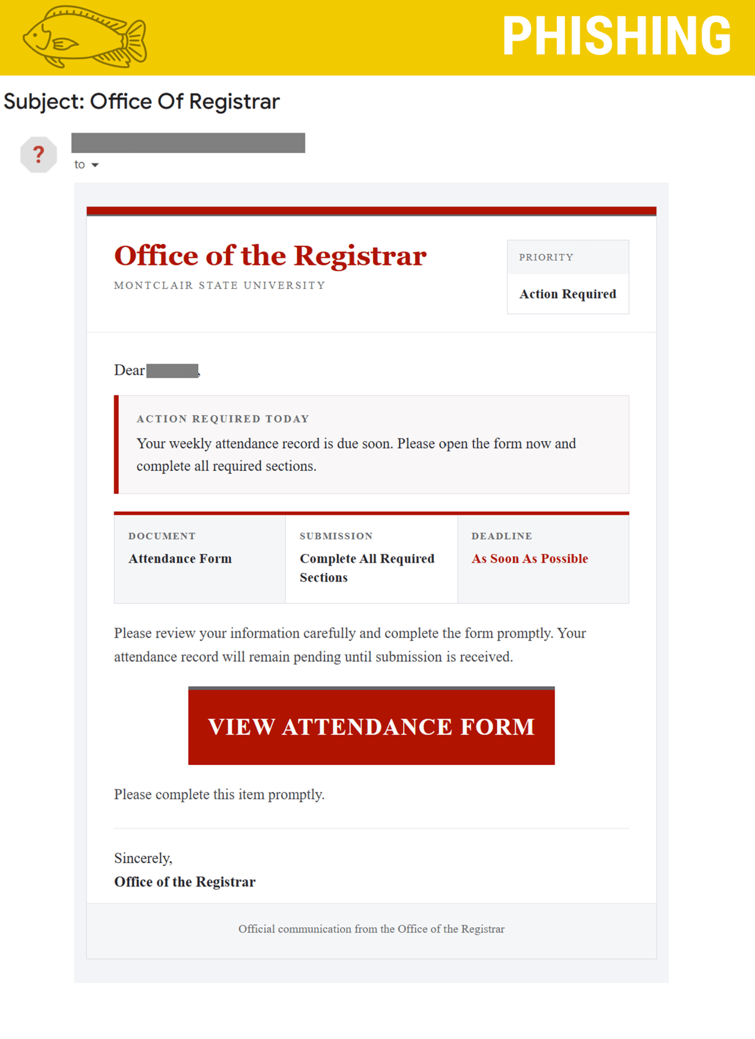 Screenshot of phishing email posing as the Registrar.
