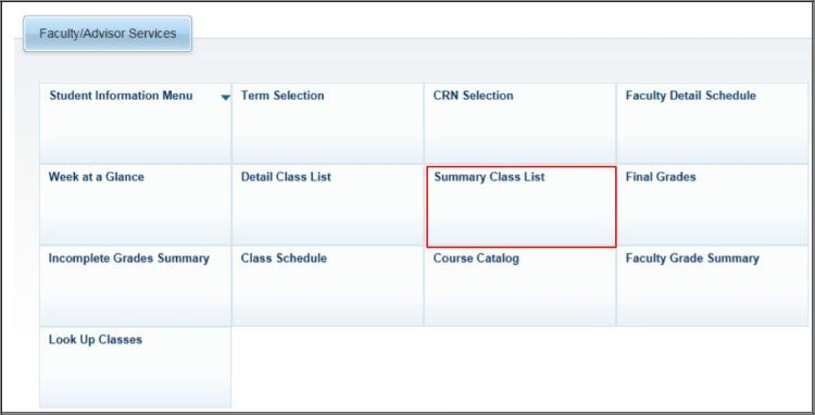 "Faculty/Advisor Services," featuring buttons for various student services, with "Summary Class List" highlighted in red.