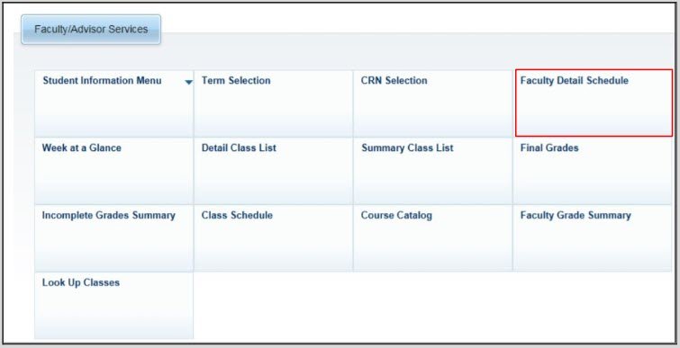 Faculty/Advisor Services interface with selectable options including Faculty Detail Schedule, highlighted in red