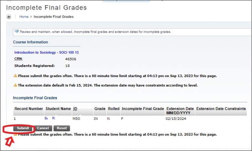 Incomplete Final Grades screen displaying "Submit" button highlighted in red.