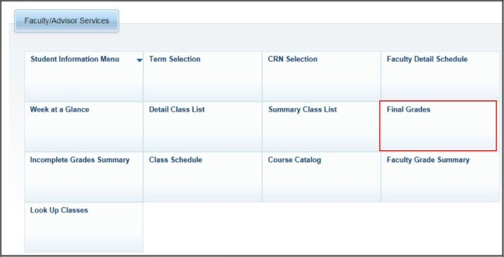 Faculty/Advisor Services displaying multiple options, with "Final Grades" highlighted in red.