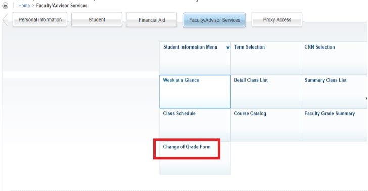  Faculty/Advisor Services with a highlighted "Change of Grade Form" option.