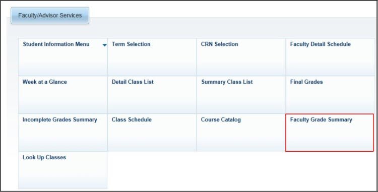 Faculty Services interface showing various sections for student and class information, with "Faculty Grade Summary" highlighted in red.