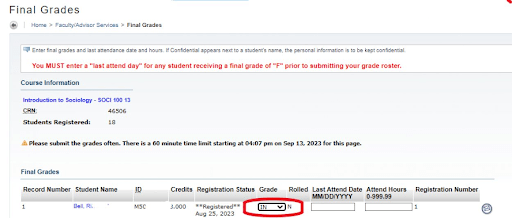 Final Grades screen displaying incomplete grade with "IN" highlighted in red.
