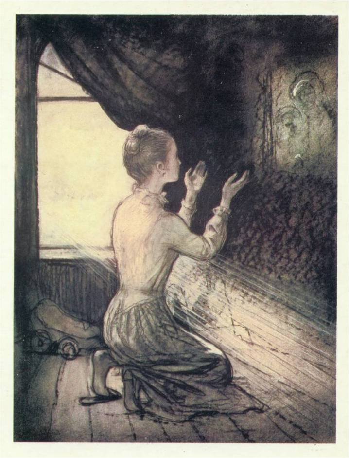 Sketch of a woman kneeling before a portrait of Mary, Mother of God