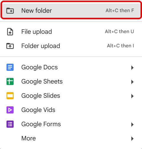 Google Drive interface showing option to create a new folder.