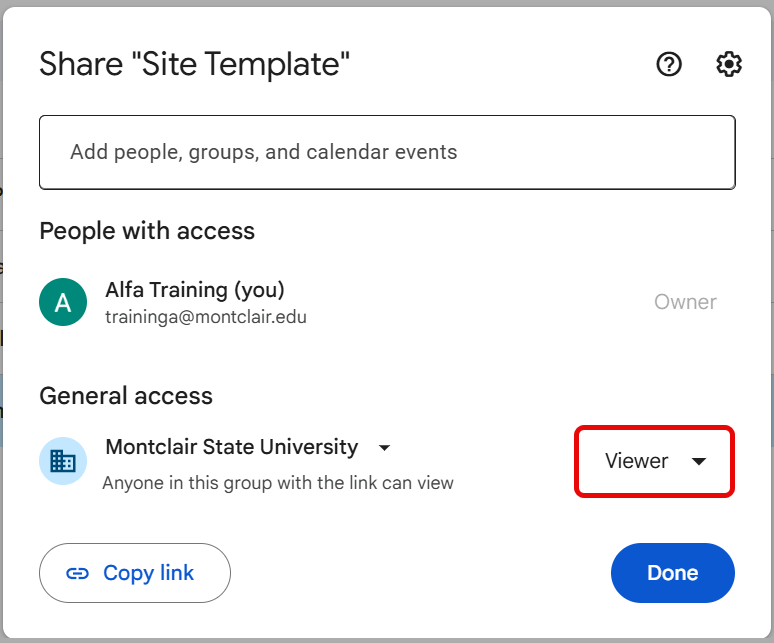 Google Share window with Viewer permission