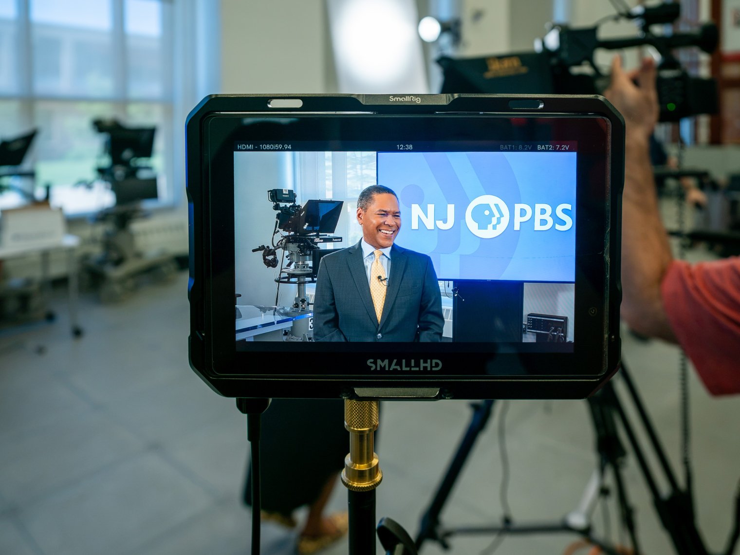 NJ PBS Anchor Rob Nelson appears on a camera’s monitor.