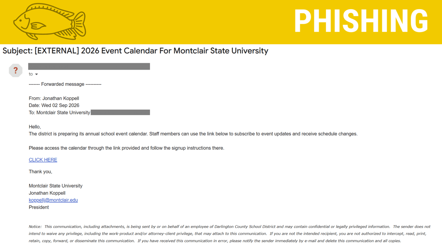 Screenshot of a phishing email posing as the President regarding calendar access.