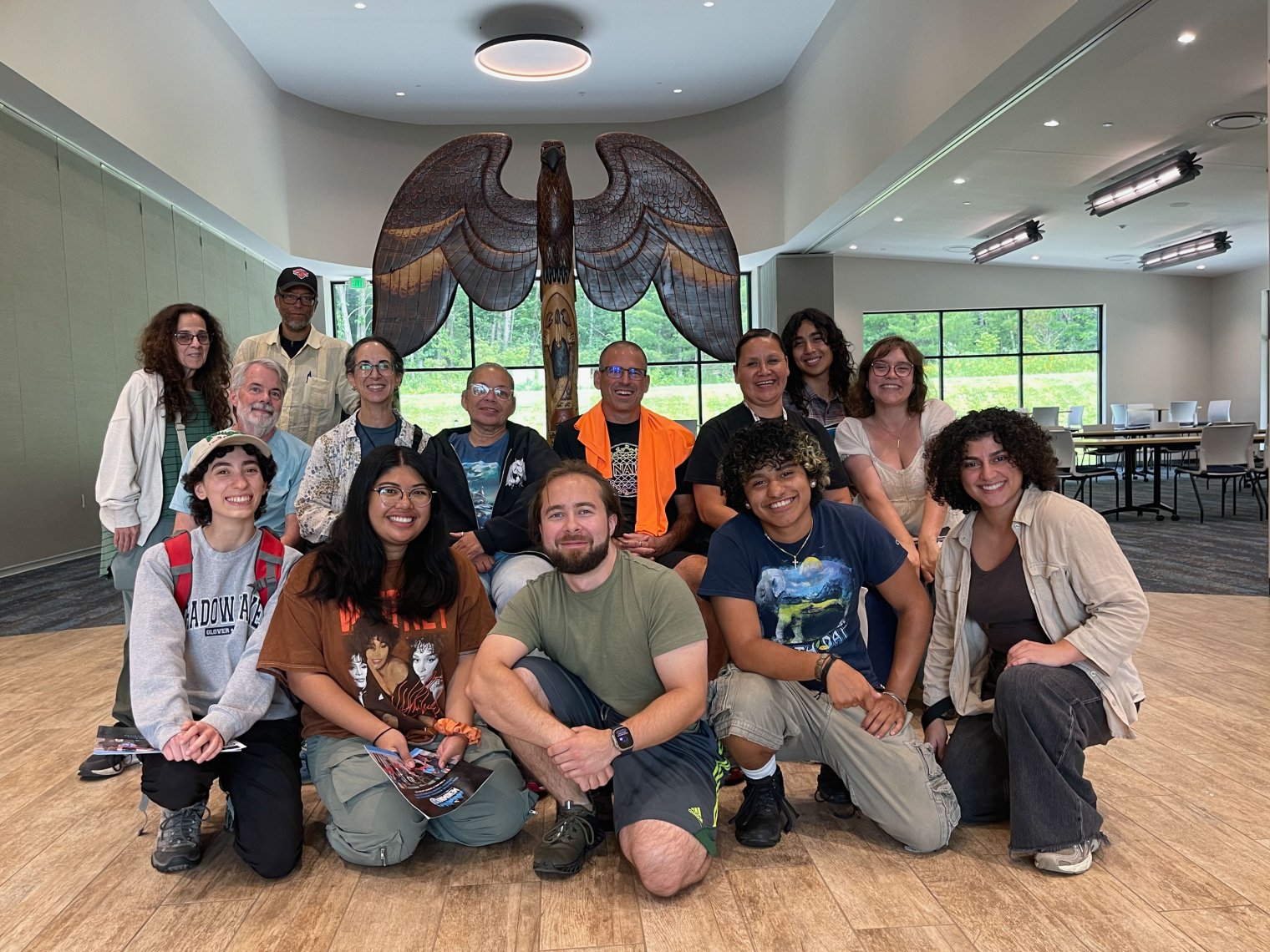 students, faculty, and collaborators with staff at the Menomini yoU, Inc., Wāqsecewan Language Campus.