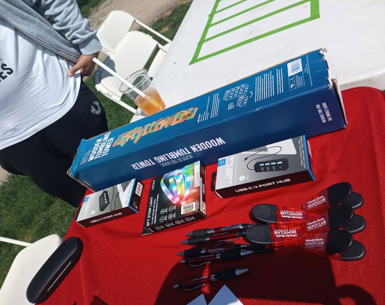 a table with library swag