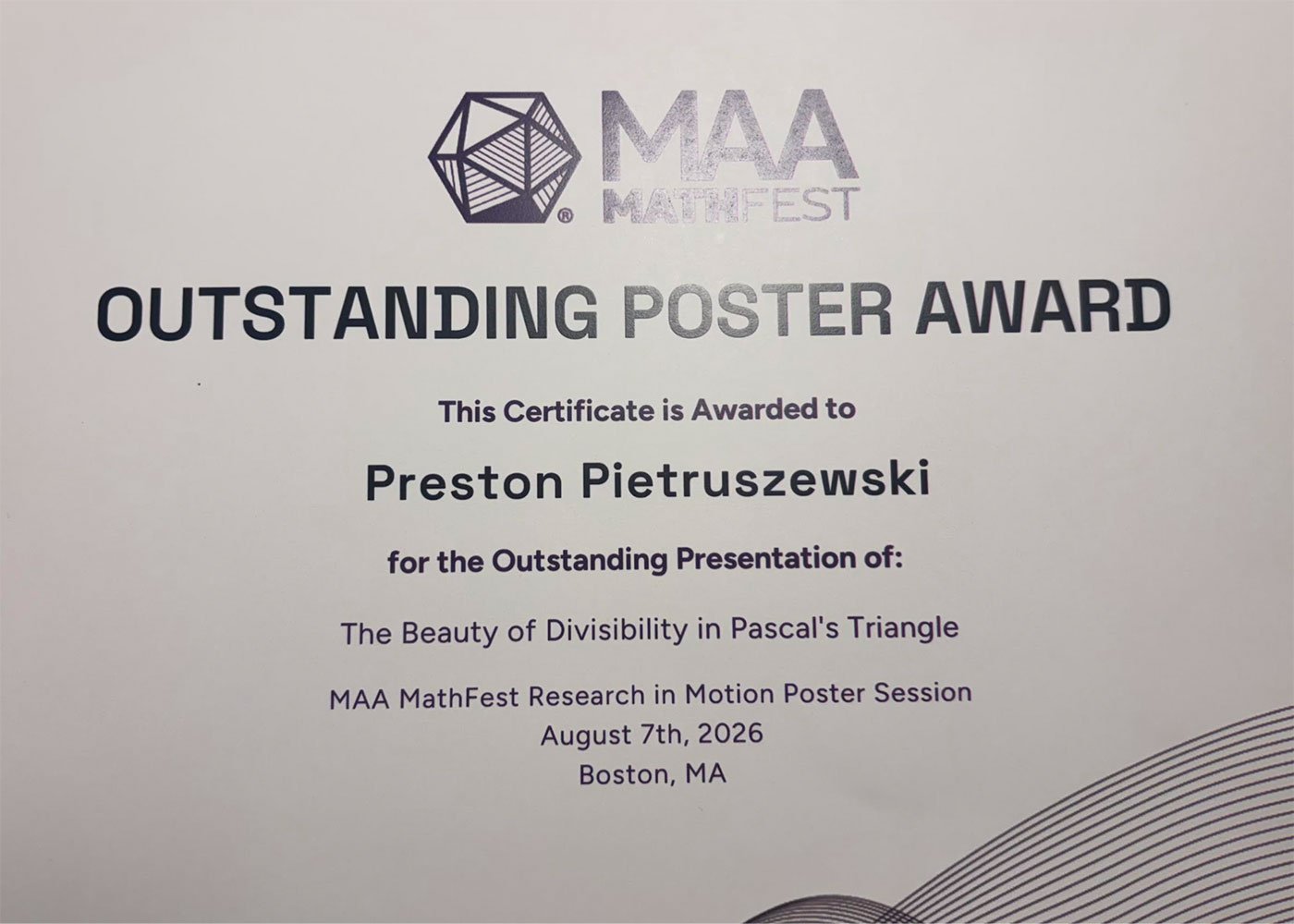 MAA Mathfest Outstanding Poster Award for Preston Pietruszewski