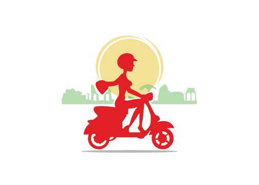 icon logo in red of woman on a vespa with the sun and city outline in the back