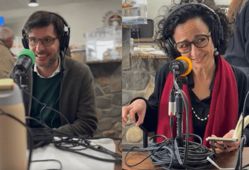 Composite image of Marco Savatteri and Dr. Teresa Fiore sitting behind microsphones for an interview