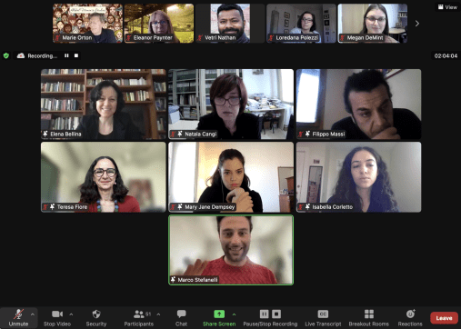 A screenshot of a zoom call with many participants
