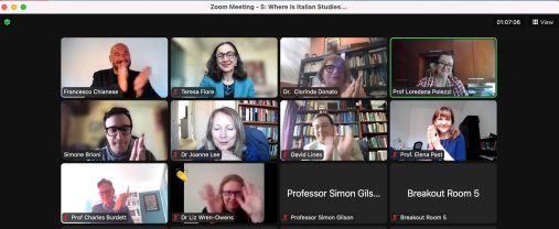 A screenshot of a zoom call with many participants