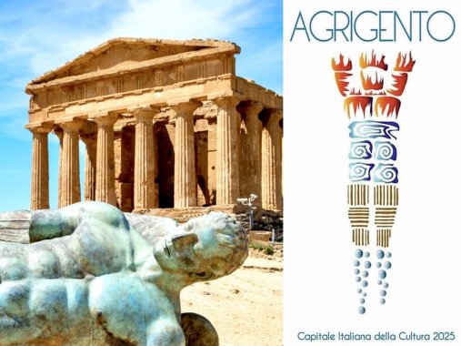 A compositie image of the parthenon on the left side and the book cover for "Agrigento" on the right side