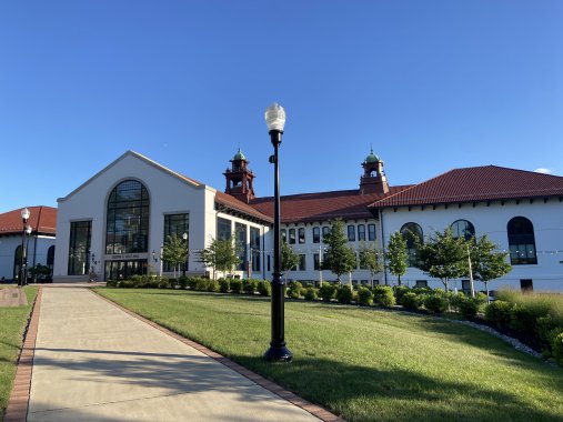 Distance view of the exterior of Cole Hall on a sunny day at Montclair State University
