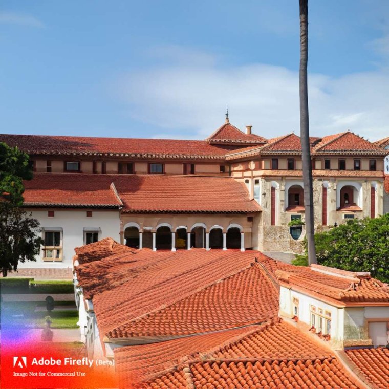 An image of a college campus in Spanish Missionary style, produced by Adobe Firefly