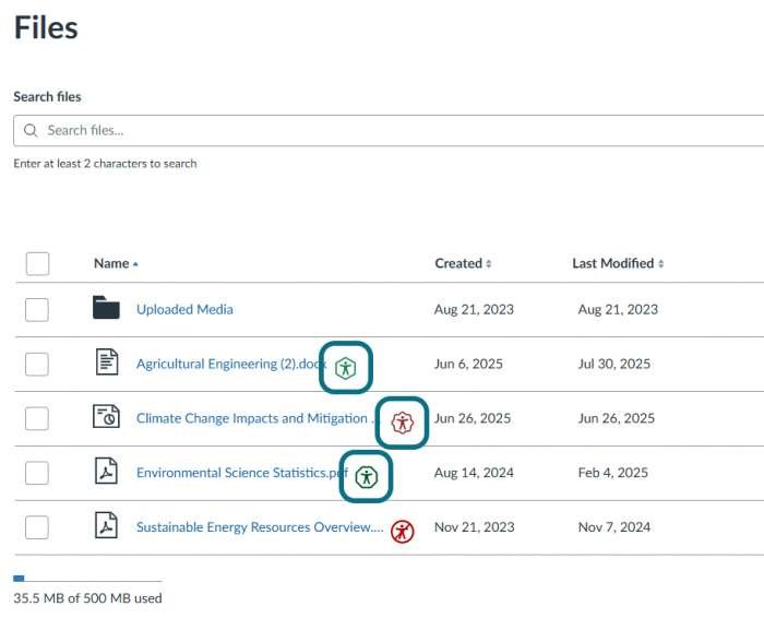 The Accessibility Score icons are highlighted on the Canvas Files section.
