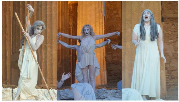 Composite of three people performing in classical-era Greek attire on a stage