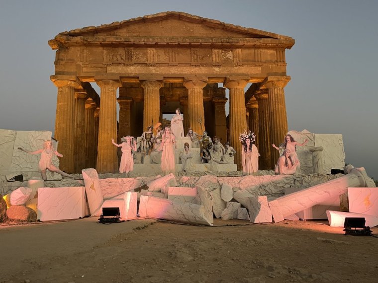 A Greek temple with fake marble set pieces - day