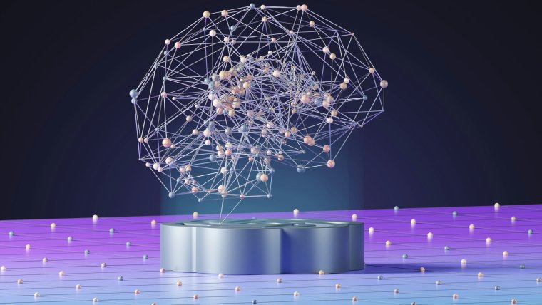 Digital rendering of a neural network structure shaped like a brain, made of connected nodes and lines, on a circular platform with a grid floor and a dark background.