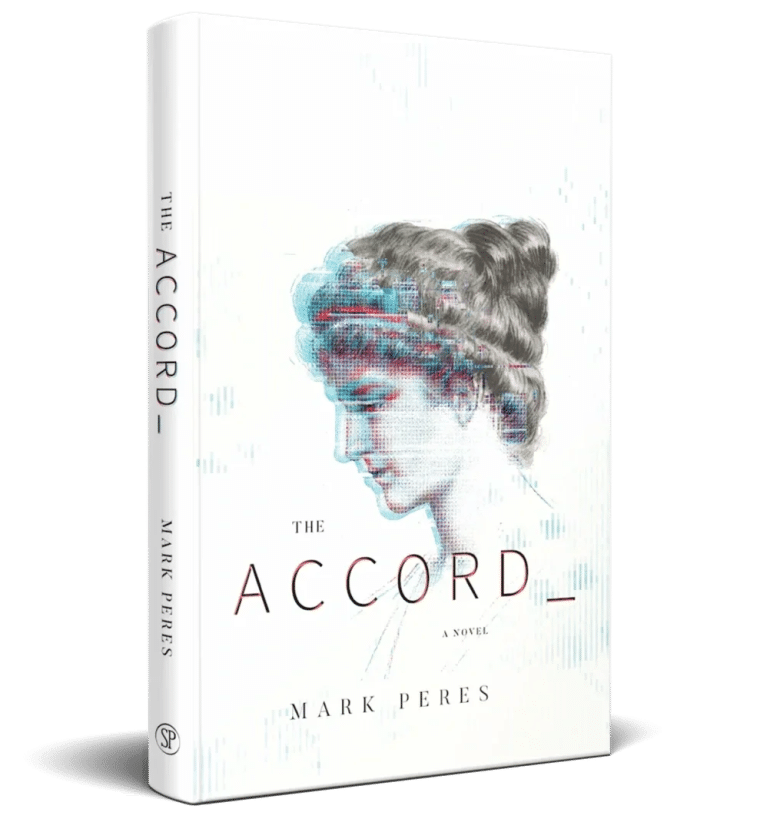 Cover of The Accord by Mark Peres, featuring a classical sculpted head overlaid with digital patterns.